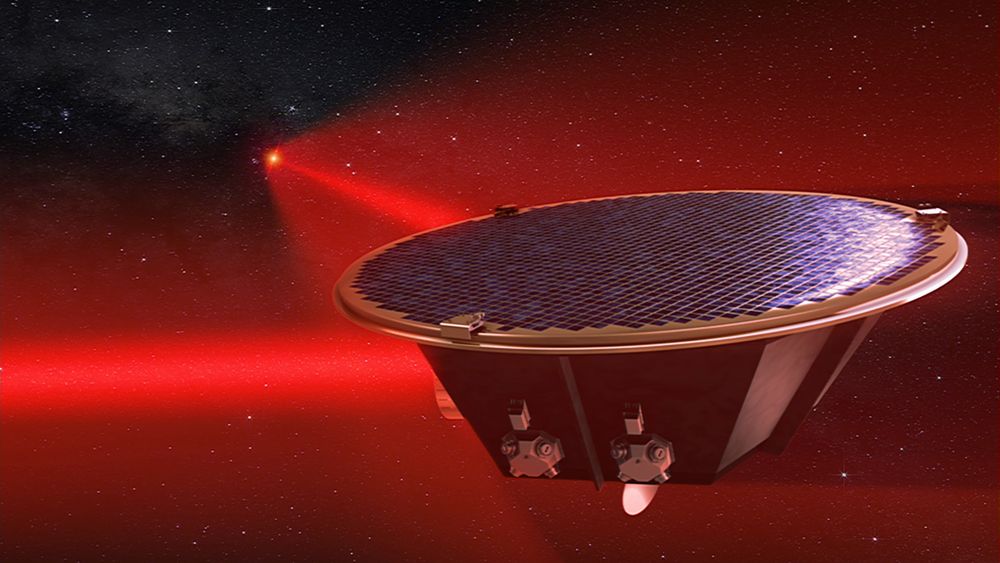 Artist's impression of one of the LISA spacecraft. We can see the red laser beams coming and going to the other two spacecraft.