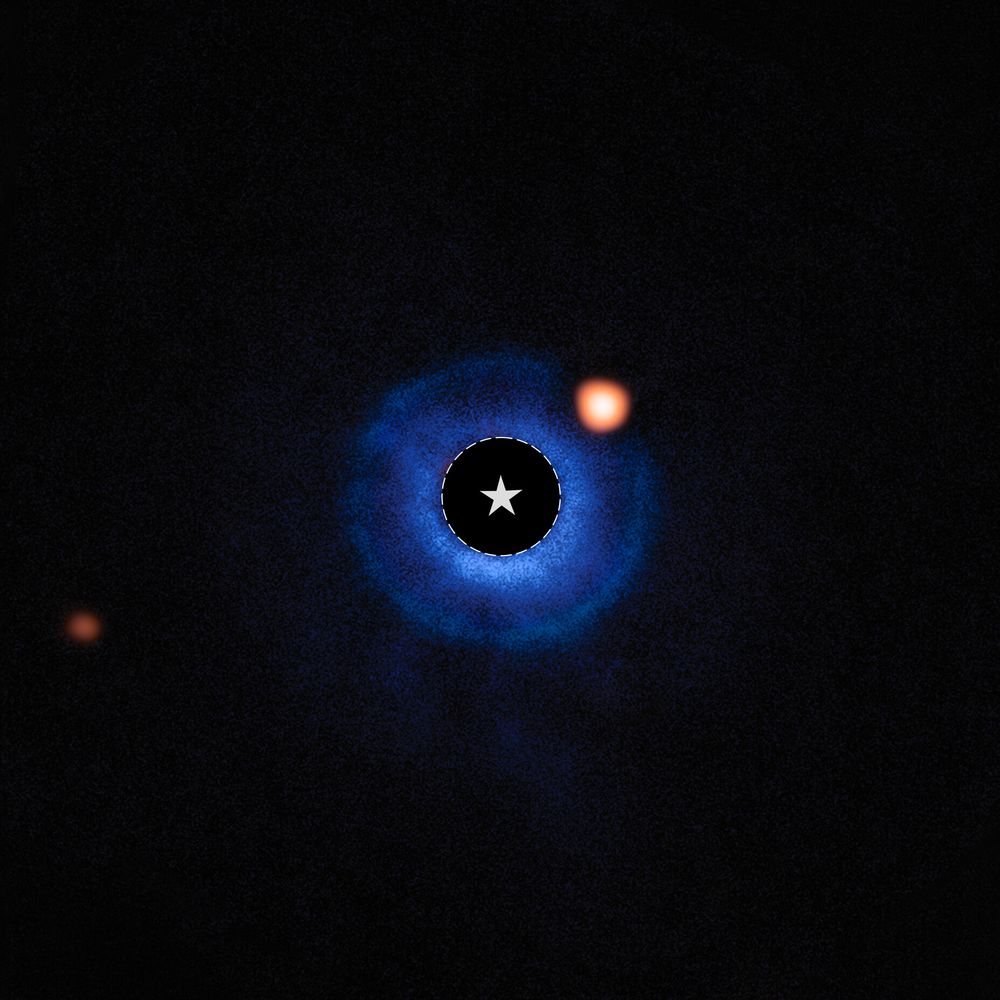 An image of a nearby star and its vicinity. The star itself has been blocked out and its bright light has been removed. A dashed circle with a star symbol at the centre of the image marks the star’s location. A fuzzy blue disc surrounds the star. An orange spot, near to the star and inside this disc, is identified as a planet orbiting the star. A fainter orange spot far from the centre marks a distant star.