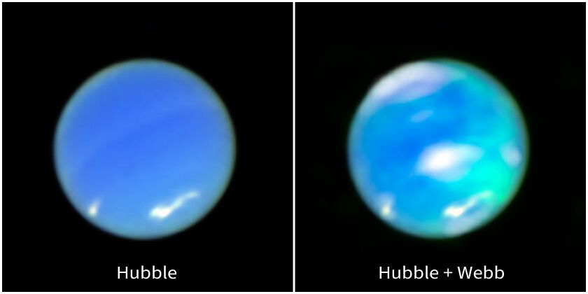 A two-panel horizontal image. On the left is Neptune observed by the Hubble Space Telescope. It is a blue circle, tilted about 25 degrees to the left. There are white smudges at 7 o’clock and just above 5 o’clock. At right is an opposing view of the planet, using data from Hubble and Webb. It is a multi-hued blue orb. There are white smudges in the same spots as the image on the left, but also at the center of the planet and at the top. There are cyan smudges vertically along the right side, and the top of these areas are more translucent than the bottom.