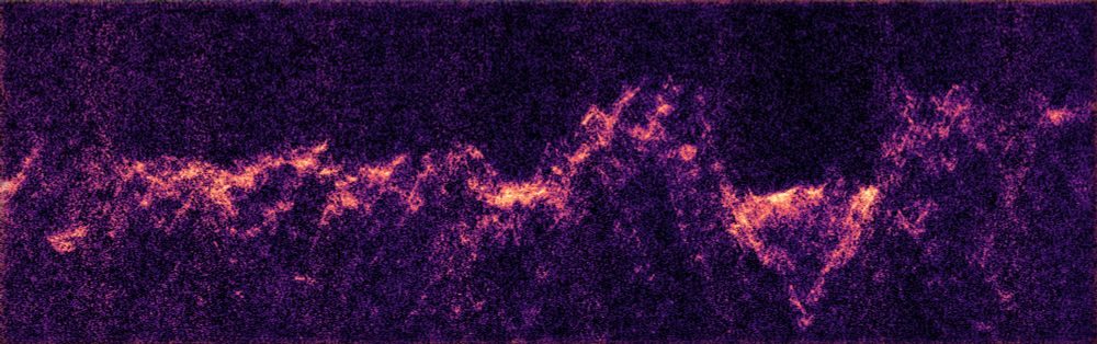 A purple scene with a pink-to-yellow line wiggling across it, with tiny faint pink dots scattered around. The line looks like a heart rate graph but much more irregular, with a particularly large dip on the right. 