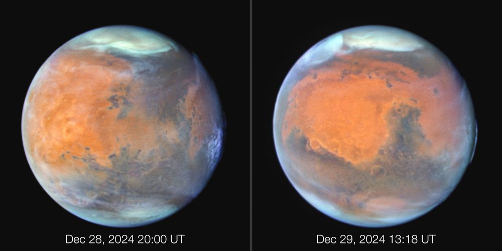 Two views of planet Mars on a black background of space observed by the Hubble Space Telescope. At left, text: December 28, 2024 20:00 UT. At right, text: December 29, 2024 13:18 UT. In both images, its atmosphere is clear and the surface appears detailed. Most of the planet is shades of orange. At left, the brightest orange area appears in the left half. At right, the brightest orange area is centered and takes on the rough shape of a sleeping mask. In both views, darker surface features are noticeable on the lower half of the planet. These have a mix of orange, blue, and gray hues. At the top and bottom, white regions mark the planet’s polar caps. The entire limb of the planet, its visible edge, has a blue hue. The blue doesn’t form an even circle at the edges, and appears thinner toward the left and right, and thicker in some areas.