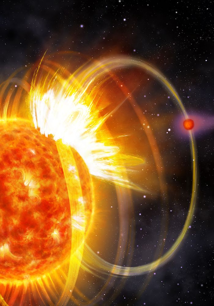 A bright, fiery, orange-yellow star with swooping magnetic field lines, releasing an intense flare of light into space. To the right of the star, there is a small red planet touching one of the star's magnetic field lines. The flare is blasting in the direction of the planet. A haze of gas around the planet seems to be being pushed out into space. The background is filled with stars, giving the impression of deep space.