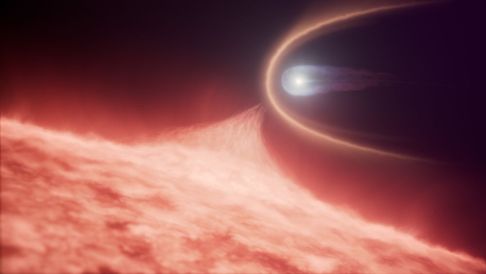 This illustration depicts a white dwarf star siphoning material off of a red giant star. The white dwarf has a long tail behind it and an orange shockwave in front of it as it flies through the extended atmosphere of the red giant, shown as a red glow. A broad stream of red gas is being pulled up from the red giant’s surface to the white dwarf.