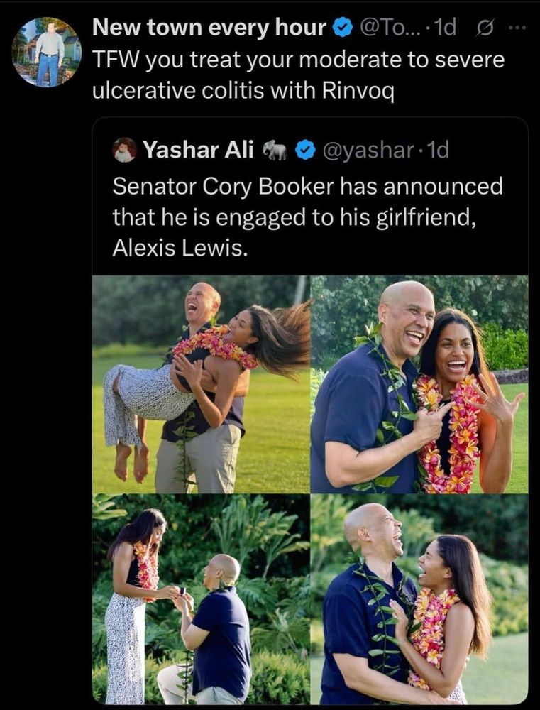 Corey booker's engagement photos look so incredibly staged that it is akin to a rinvoq commercial. 