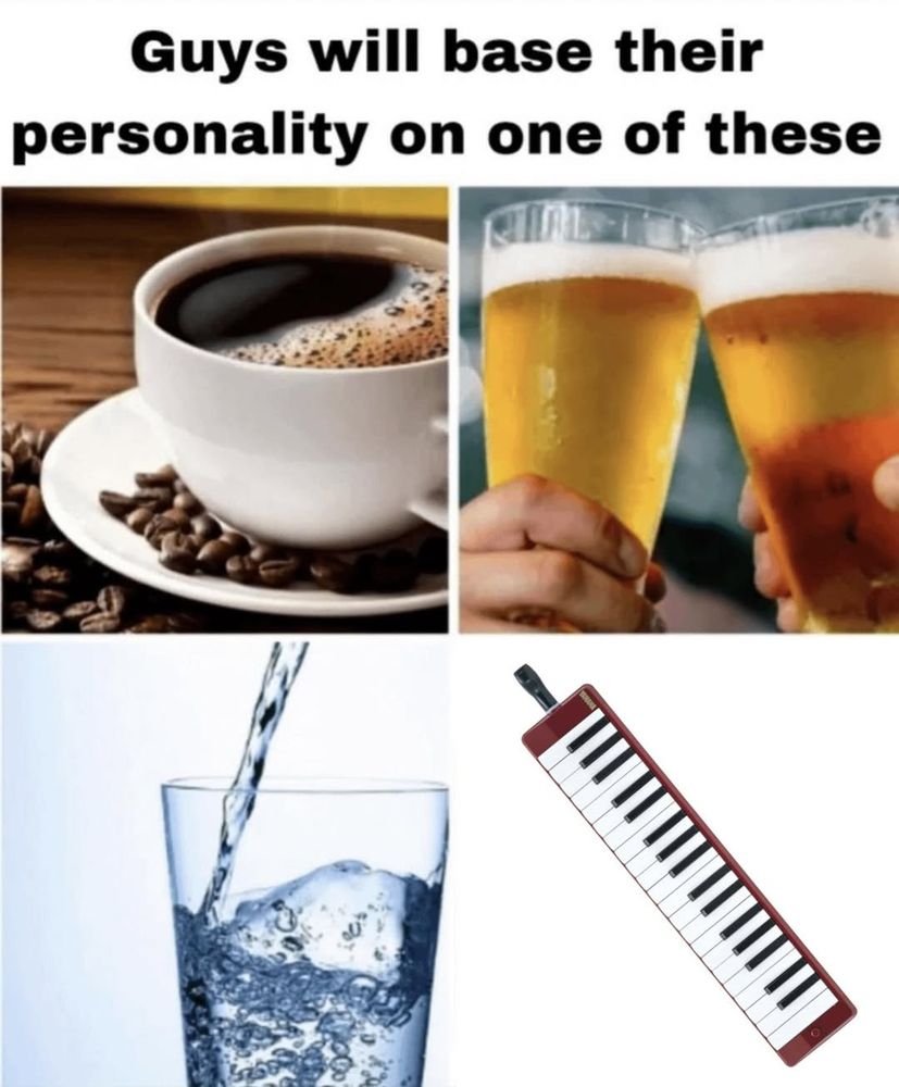 steely dan meme: guys will base their personality on one of these (coffee, beer, water, melodica)
