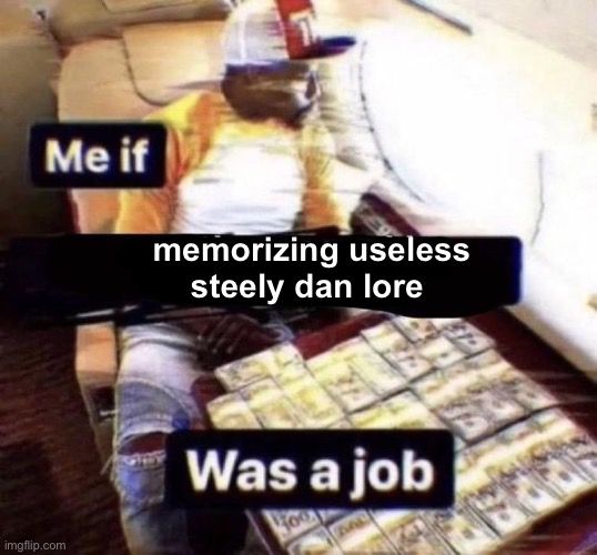 meme of a man in an airplane with a table full of cash in front of him. caption reads "me if memorizing useless steely dan lore was a job"