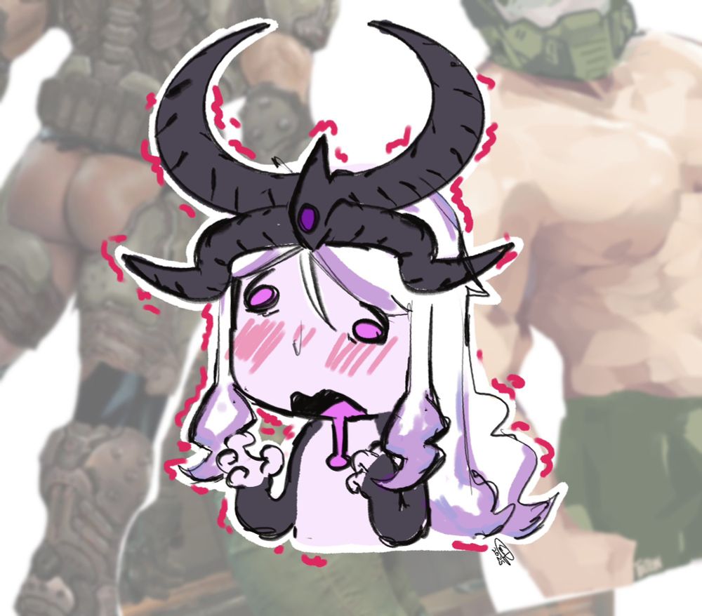 A chibi Slaanesh from the Warhammer franchise fantasizes about the Doom Slayer from the video game series Doom