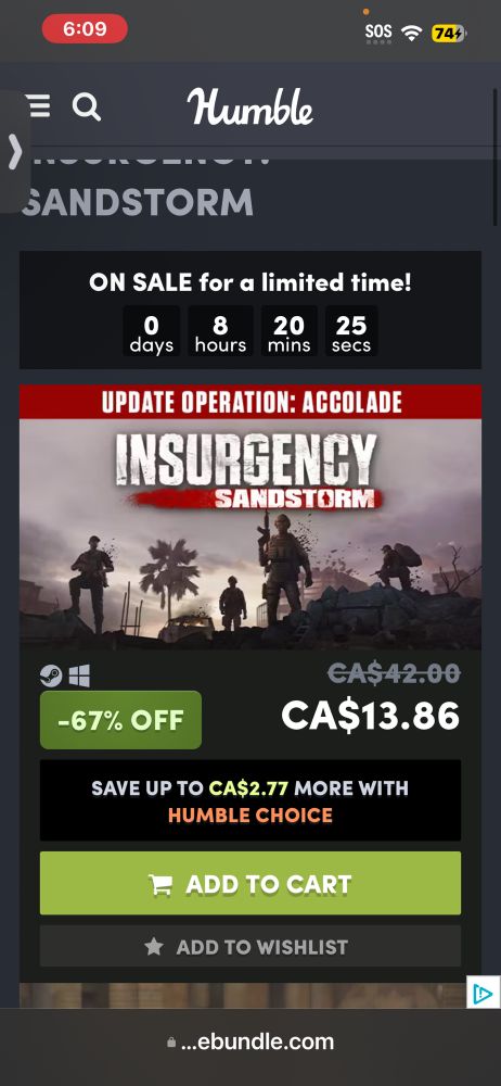 Shows a sale with 8 hours left of insurgency sandstorm on humble 