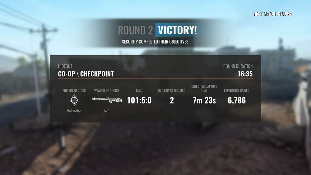 A score board in sandstorm saying preferred class marksman, weapon SVD, kills 101, assist 5, deaths 0