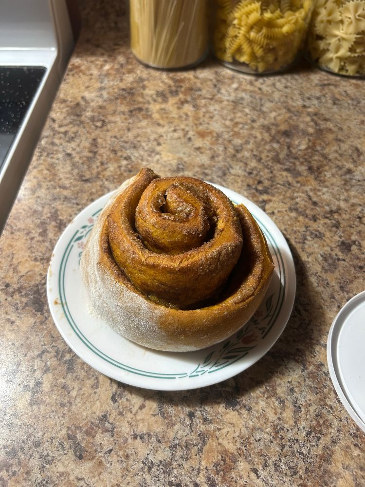 A pumpkin roll sat on a plate the roll resembles that of a cinnamon bun as it has the swearl to it 