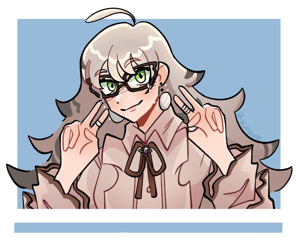 A girl with long gray hair and glasses holding her hands in a double peace sign with a slight smile.
