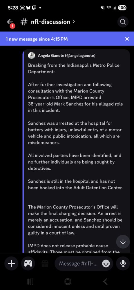 Breaking from the Indianapolis Metro Police Department\:
︀︀
︀︀After further investigation and following consultation with the Marion County Prosecutor’s Office, IMPD arrested 38\-year\-old Mark Sanchez for his alleged role in this incident\. 
︀︀
︀︀Sanchez was arrested at the hospital for battery with injury, unlawful entry of a motor vehicle and public intoxication, all which are misdemeanors\.
︀︀
︀︀All involved parties have been identified, and no further individuals are being sought by detectives\.  
︀︀ 
︀︀Sanchez is still in the hospital and has not been booked into the Adult Detention Center\.  
︀︀ 
︀︀The Marion County Prosecutor’s Office will make the final charging decision\. An arrest is merely an accusation, and Sanchez should be considered innocent unless and until proven guilty in a court of law\. 
︀︀ 
︀︀IMPD does not release probable cause affidavits\. Those must be obtained from the Marion County Prosecutor’s Office.