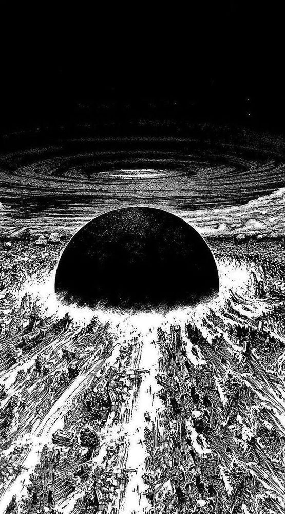 A scene from Akira in black and white focusing on the moment of the explosion that devastated tokyo