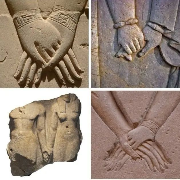four pieces of art made in stone, the connecting link all being depictions of holding hands 