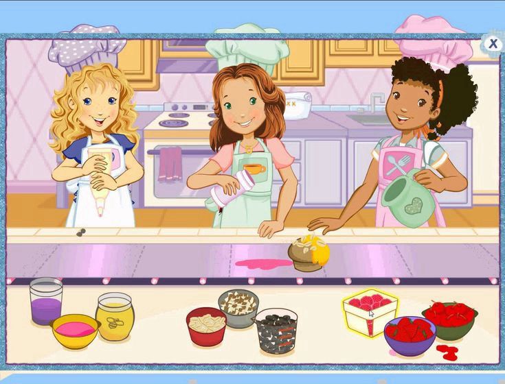 Holly Hobbie - The Hey Girls: Muffin Maker PC Game in action, where three giels make muffins together by putting different frostings and toppings