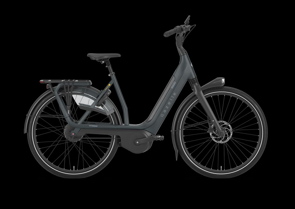 Picture of a Gazelle Avignon e-bike. It's a big solid dutch-style upright step-through bike