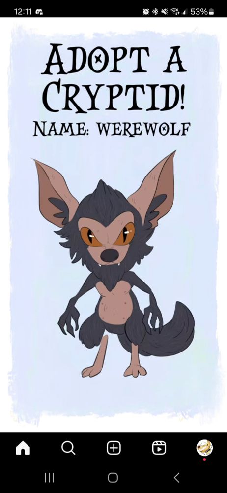 An illustration of a chibi style werewolf with the text ADOPT A CRYPTID! NAME: WEREWOLF