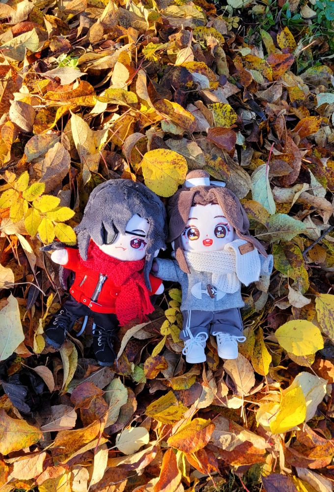 The hualian minidolls, clad in warm jackets and scarves, lie side by side in a pile of yellow autumn leaves.