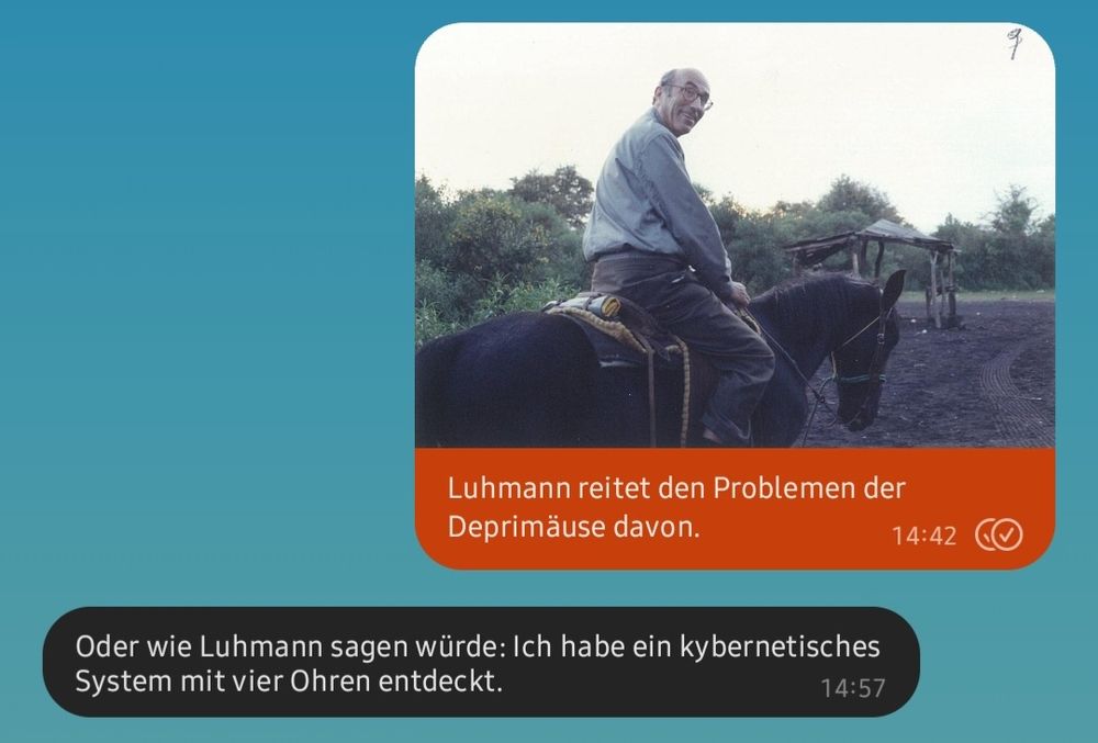Signal-Chat, Pummelpanda (ich) sendet Foto von Luhmann auf einem Pferd, während er leicht grinsend hinter sich schaut - darunter der Text: "Luhmann reitet den Problemen der Deprimäuse davon." Antwort von der Hohepriesterin der schmerzlichschönen Tagträume, d.h. L.: "Oder wie Luhmann sagen würde: Ich habe ein kybernetisches System mit vier Ohren entdeckt."