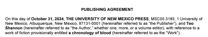 a screenshot of a publishing agreement between Teo Shannon and The University of New Mexico Press for Teo's debut poetry collection titled "a chronology of blood"