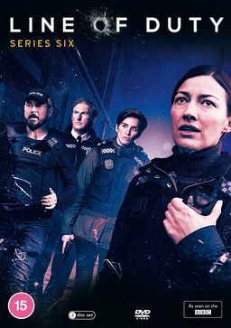 poster for british tv show "Line of Duty", on the right Kelly MacDonald, and 3 officers on the background