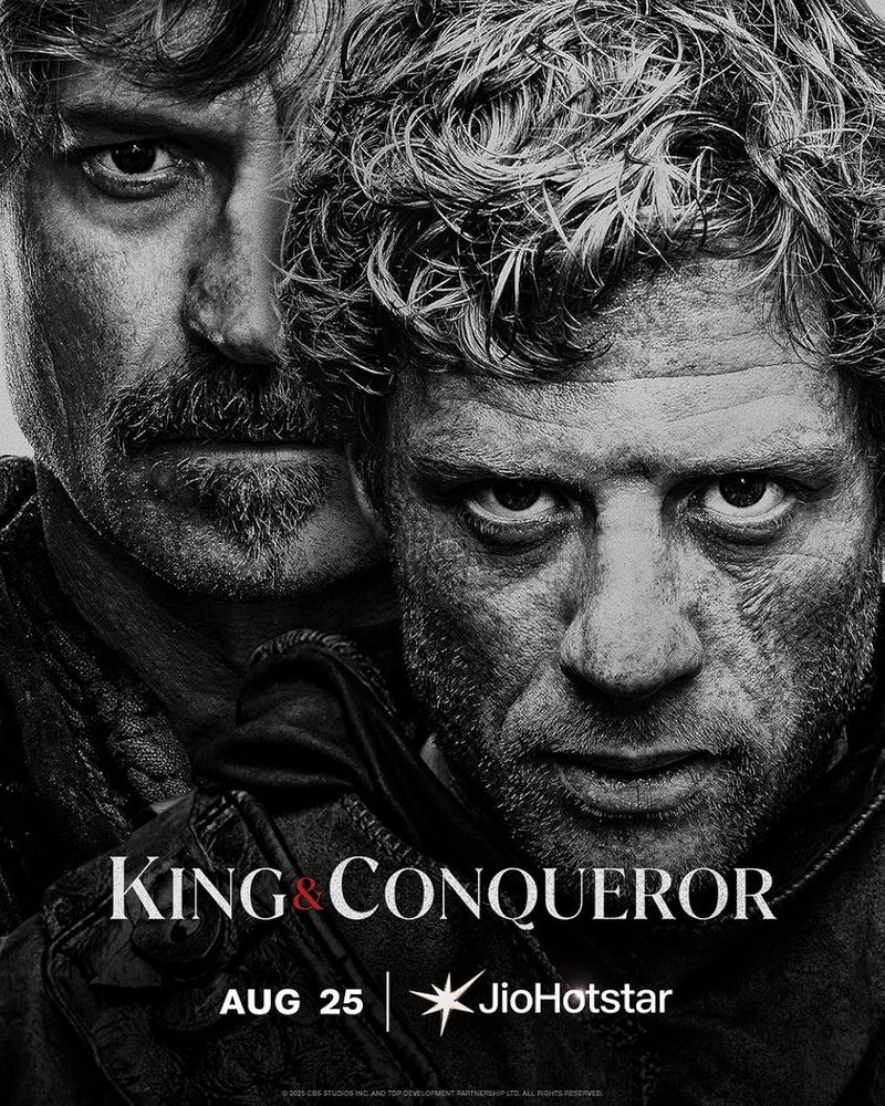 Black and White poster for tv show "King and conqueror" with characters Harold Godwinson and William the Conquérir
