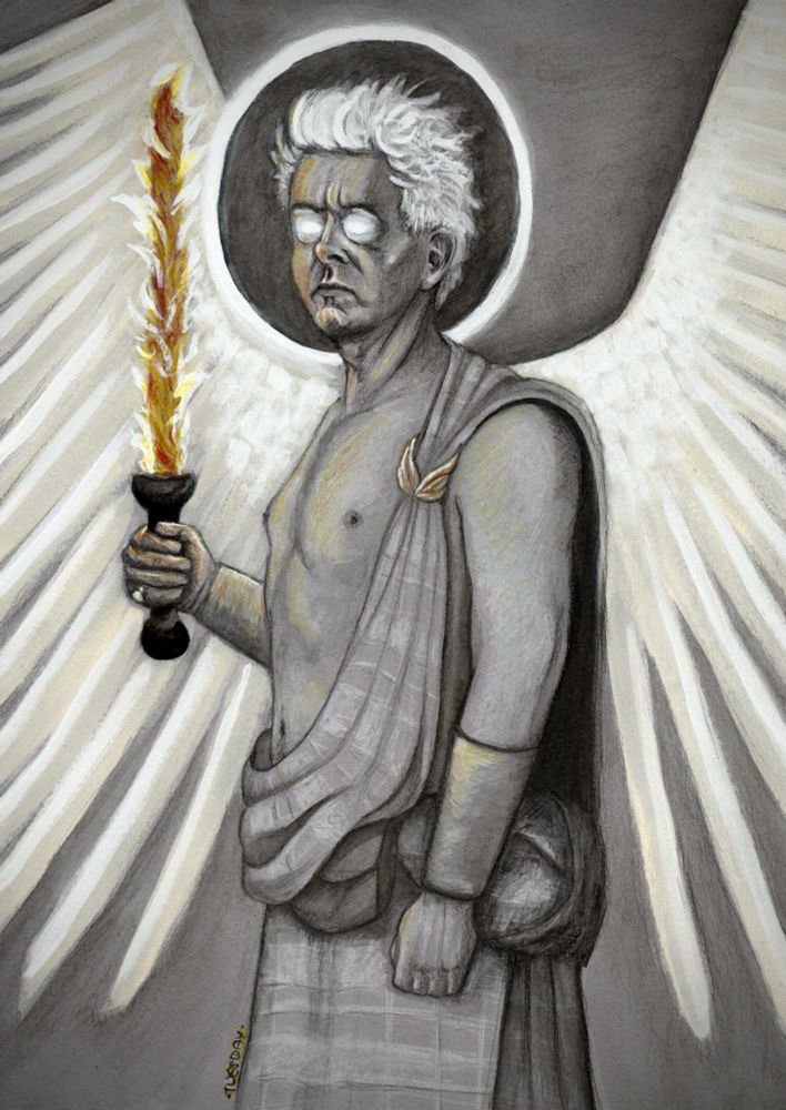 A graphite, coloured pencil and gouache drawing/painting. Aziraphale is standing, bare chested, wearing a traditional tartan kilt and metal bracers. He is surrounded by his white wings and holding his flaming sword. His eyes are burning white and his head is surrounded by a white halo.
