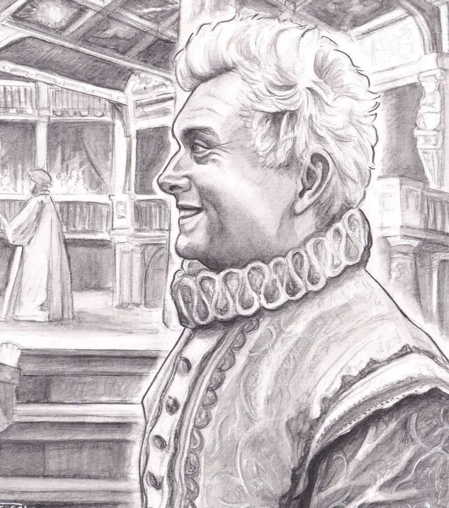 Black and white pencil drawing of Aziraphale at the Globe theatre