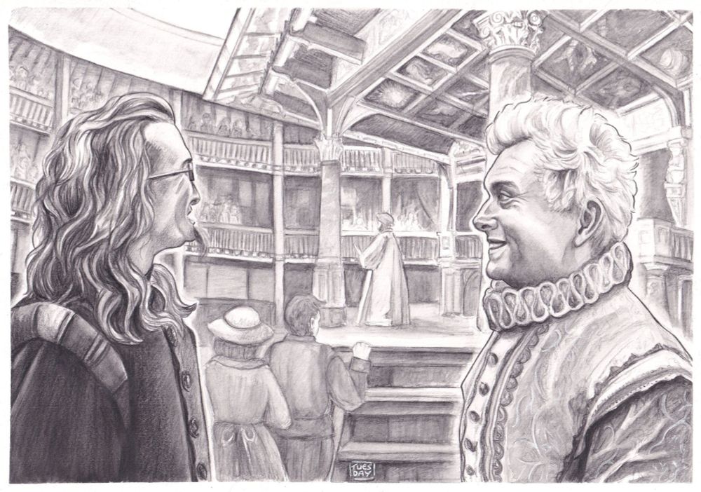 A drawing in water soluble graphite of Aziraphale and Crowley at the Globe Theatre. Crowley is smiling and looking towards the stage. Aziraphale is smiling and looking at Crowley.