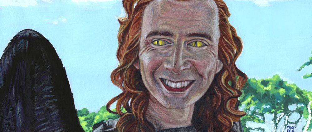 Gouache and coloured pencil frame of Crowley looking smitten