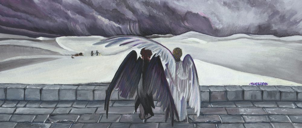 Guache painting of Aziraphale sheltering Crowley under his wing on the wall with storm clouds gathering.