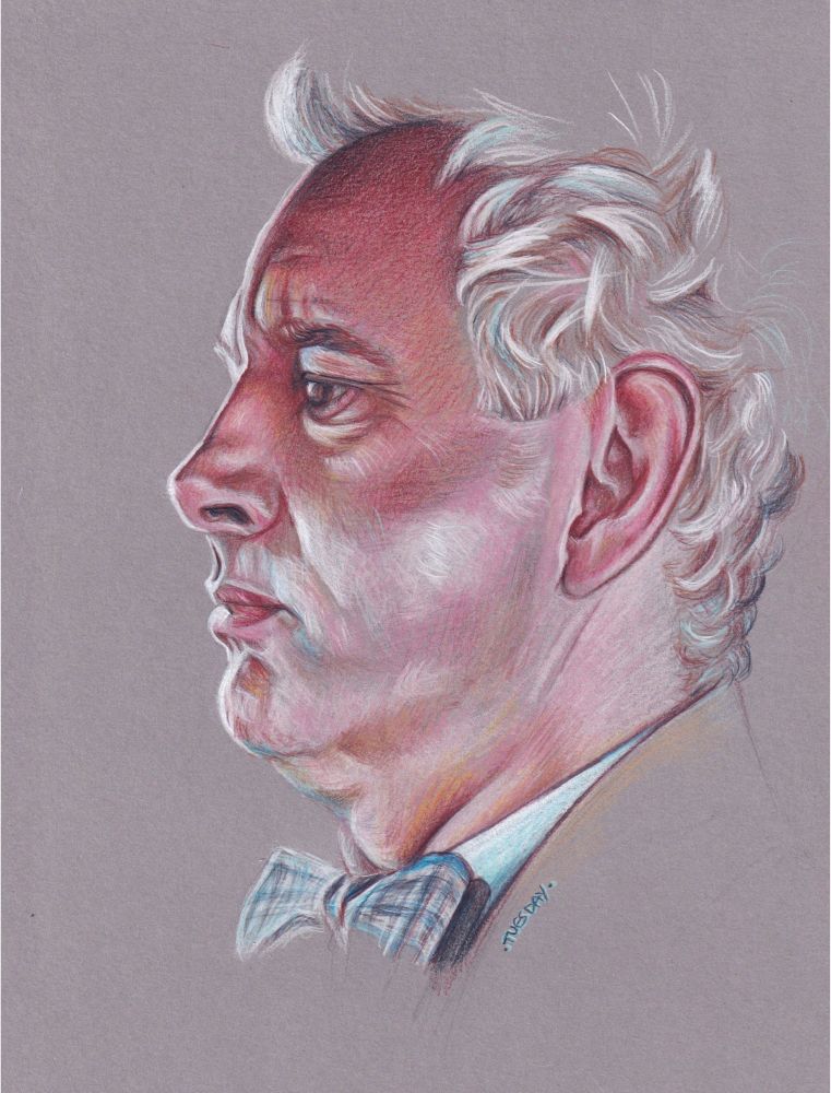 A coloured pencil drawing of Aziraphale making his silky face from the scene in the Bentley in season 2.