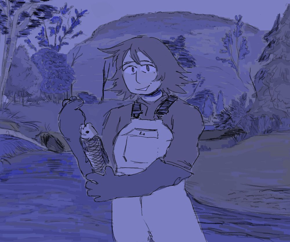 A young man stands ankle deep atop a rocky river bed. He faces the supposed camera, holding his catch of the day with a sunny, gentle-eyed pride. The blue and violet might fool you, but this is an autumnal scene. A river cuts between big, brilliant conifers and wild, grassy shores as a mountain dappled in lovely treeline frames itself against a pleasant sky. It was a nice day for fishing!