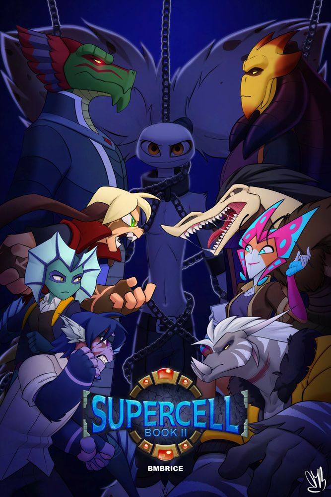 Cover of book 2 of the Supercell graphic novel series. The logo is cloase to the bottom of the image, above it, two columns of characters are facing each other down, from top to bottom, Kraon Nazuret vs Deset Tzaosin, Kheil vs Fiida, Al vs Loksan, and Oz vs Thotzev. Behind them, dimly lit, is Fallan Nazuret bound in chains and staring intently at the viewer.
