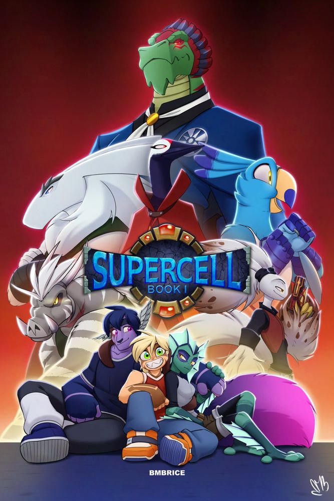 Cover of the first book in the Supercell graphic novel series. The logo is centered on the page and framed by a cascading pyramid of characters. Kraon Nazuret alone at the top; Z, Tanni-Hal, and Tazho underneath them, directly above the logo; Thotzev and Fallan on either side; and lastly, Kheil, Oz, and Al sitting together in a cuddle pile below, and in front of it all.