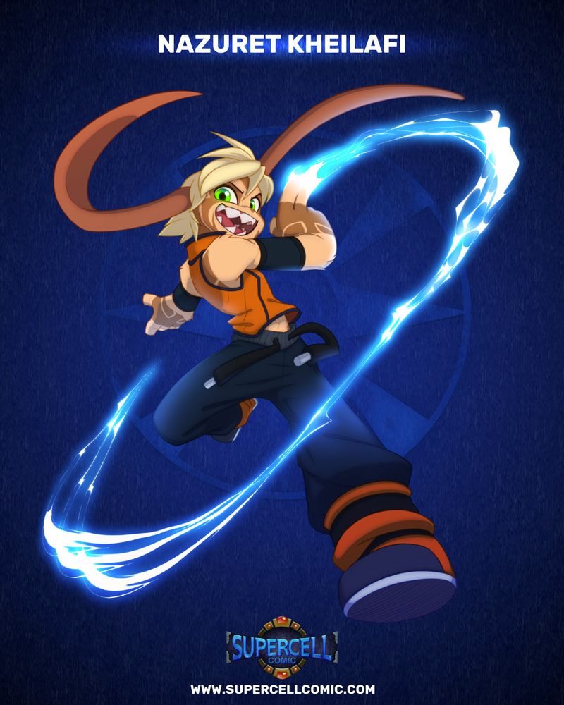 Kheil's profile portrait on the Supercell graphic homepage. He is striking a dynamic pose and dragging a streak of magical blue bullshit in a big arc https://www.supercellcomic.com/