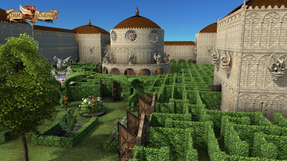 Top-down view of an elaborate hedge maze enclosed within high stone castle walls. A large circular domed building sits at the maze's center, with smaller courtyards, fountains, and pathways branching outward. The maze is dense and intricate, with multiple entry points and decorative garden features scattered throughout.
