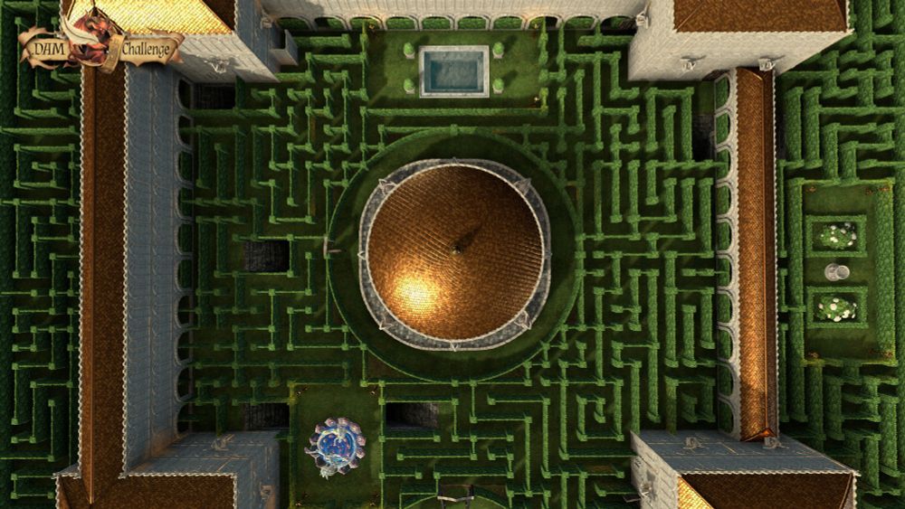 Ground-level view of the hedge maze and central domed building, flanked by gothic-style castle towers adorned with gargoyle statues. Several wooden doors lead into the maze, which is lush with hedges, statues, and flower beds. A magical-looking fountain with a crystalline dragon sculpture stands near the entrance.
