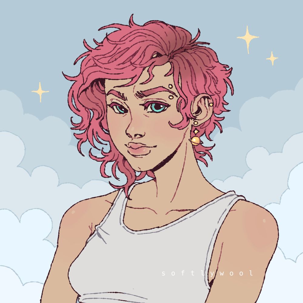 Portrait/bust drawing of a woman with shortish pink hair. She is wearing a white tank top, she has a little planet themed earring, eyebrow piercing and a piercing higher up on her ear. He eyes are blue. She is looking directly at the viewer. The background is skythemed with some clouds and sparkles.