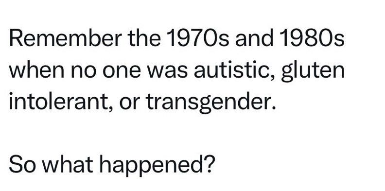 Remember the 1970s and 1980s when no one was autistic, gluten intolerant, or transgender.
So what happened?