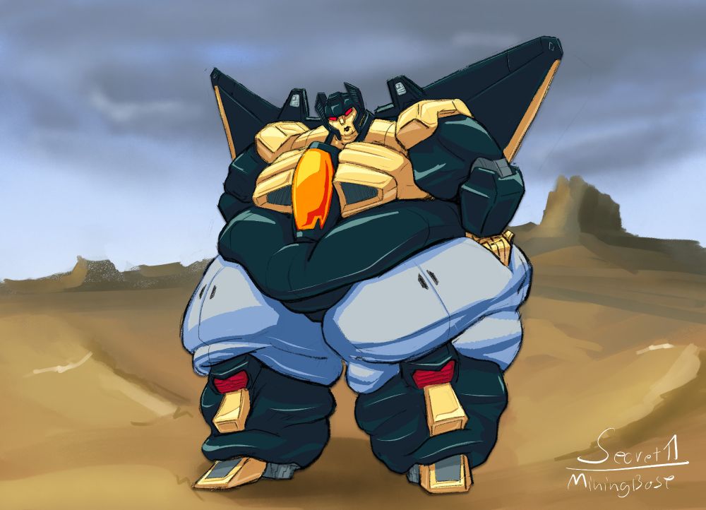 transformers character novastorm, a gold and black seeker, standing in a desert, pouting. they are very fat ssbbw. hot.