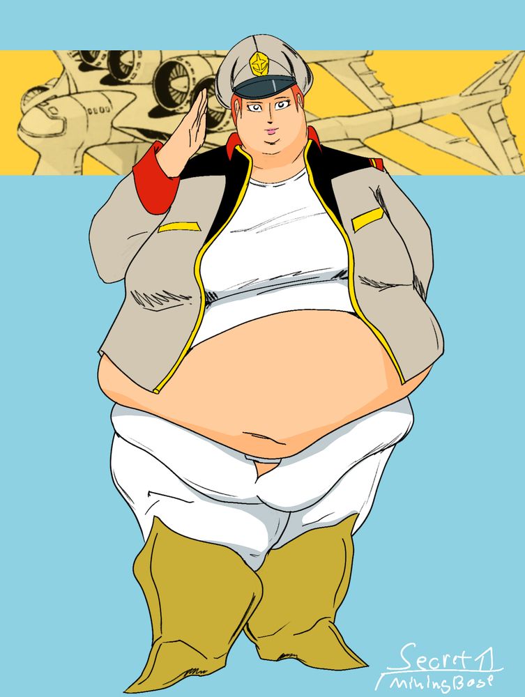 Lieutenant Matilda Arjan from Mobile Suit Gundam (1979) saluting over a blue background with a yellow stripe behind her head, stock art of a Medea transport plane is clipped into the stripe. Matilda is very fat, her apron of a belly stuffed into her white uniform pants. Her dress jacket is open, showing her undershirt.