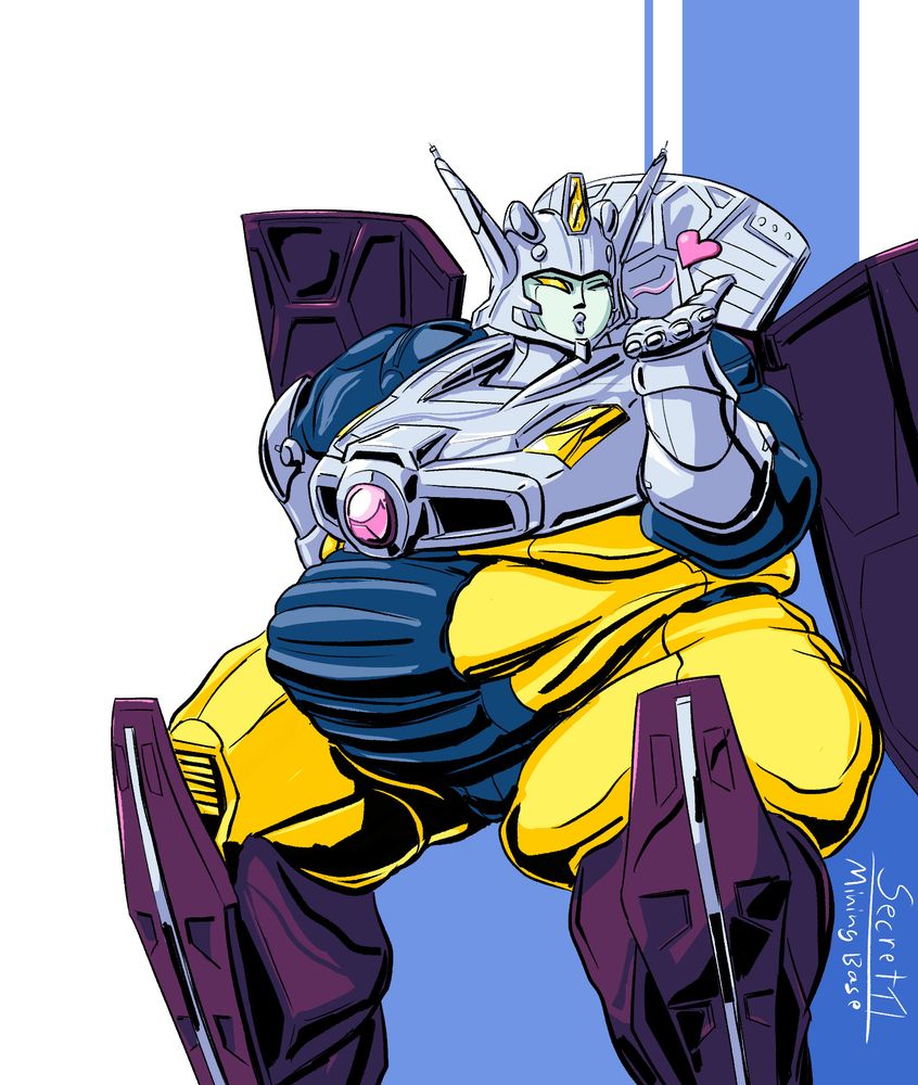 digital illustration of a fat Thunderblast from transformers cybertron sat down, blowing a kiss and winking on an abstract background.