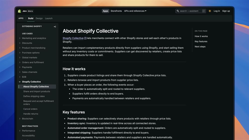 Screenshot of Shopify Collective developer documentation