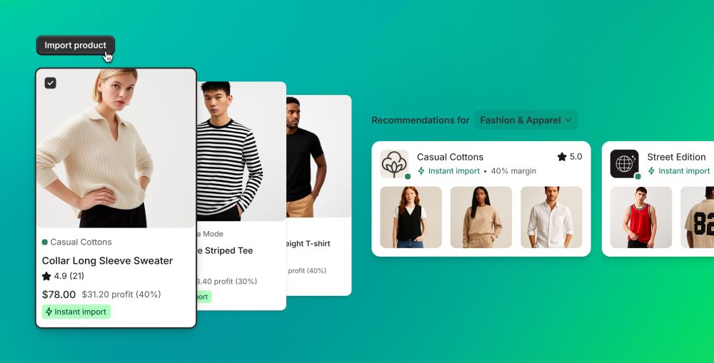 Image of shopify collective instant import products - product cards and supplier cards.