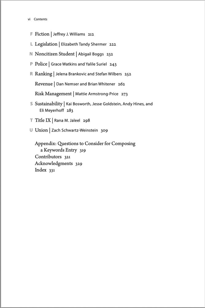 Table of contents for university keywords

Fiction, Jeffrey J. Williams
Legislation, Elizabeth Tandy Shermer
Noncitizen Student, Abigail Boggs
Police, Yalile Suriel and Grace Watkins
Ranking, Jelena Brankovic and Stefan Wilbers
Revenue, Dan Nemser and Brian Whitener
Risk Management, Mattie Armstrong-Price
Sustainability, Kai Bosworth, Jesse Goldstein, Andy Hines, and Eli Meyerhoff
Title IX, Rana M. Jaleel
Union, Zach Schwartz-Weinstein

Appendix: Questions to Consider for Composing a Keywords Entry

Contributor Bios
Acknowledgments
Index
