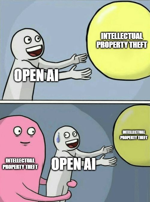 A two part coming. On the top panel, a gray caricature of a person is labelled "Open AI" and is smiling while reaching for a yellow balloon labelled "Intellectual property theft". In the bottom panel, the same scene is presented but zoomed out slightly; this time, the person is looking backwards nervously at a pink monster also labelled "intellectual property theft"