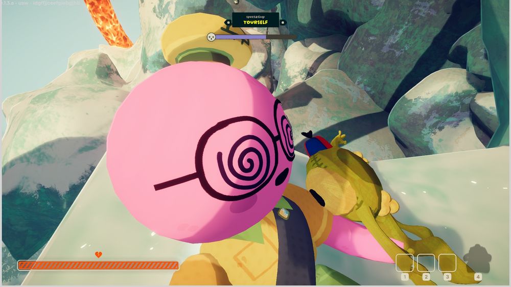 Screenshot of the game PEAK of a player knocked unconscious. Resting beside them is a plush of Bing Bong the frog.