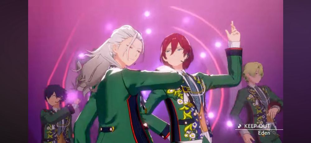 EDENのKEEP OUTのMVのスクリーンショット。凪砂が茨の肩に手を置いており、2人の目が多分合っている