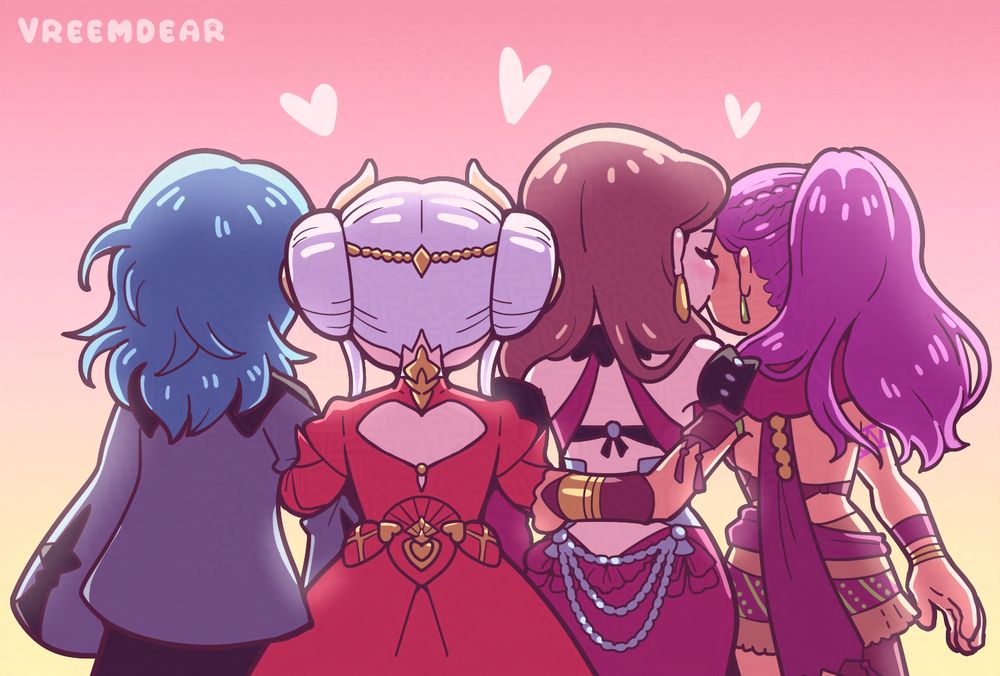 Byleth, Edelgard, Dorothea, and Petra from Fire Emblem Three Houses, walking together linking arms